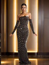 Sparkly Rhinestone Prom Long Dresses Strapless See-Through Mesh Two Piece Evening Party Dress, Elegant Dress